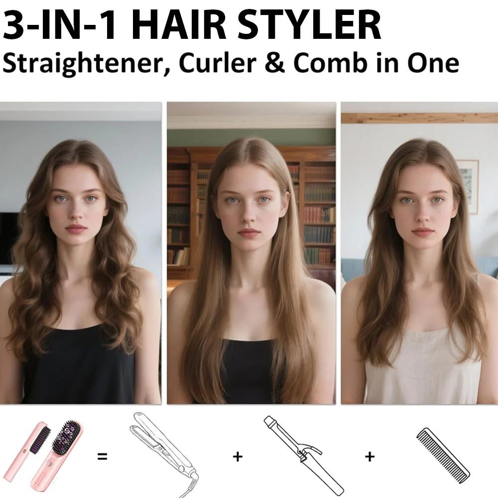 Cordless Hair Straightener Brush 10000mAh Fast Heating