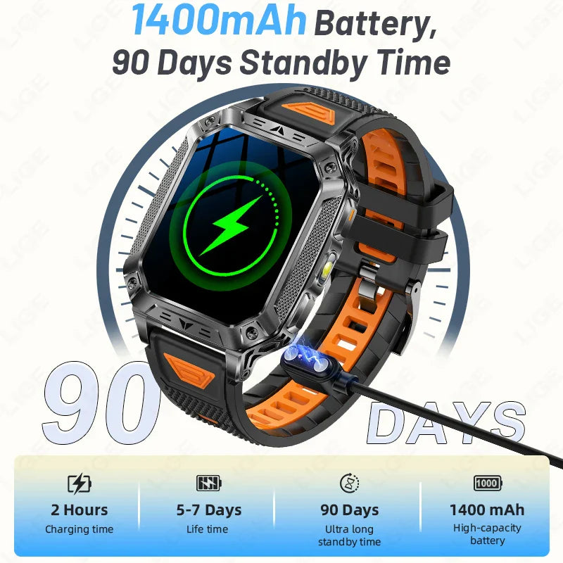 Military Smart Watch 1400mAh Battery Fitness Tracking Waterproof